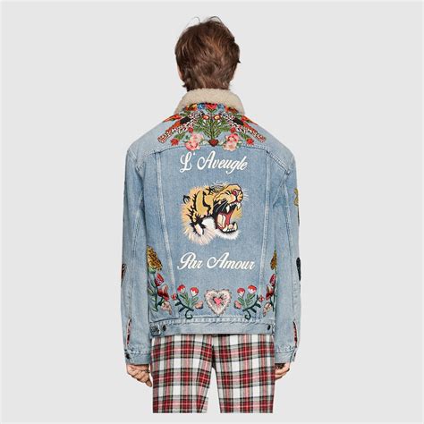 gucci embroidered denim jacket with shearling replica|gucci denim animal applique jacket.